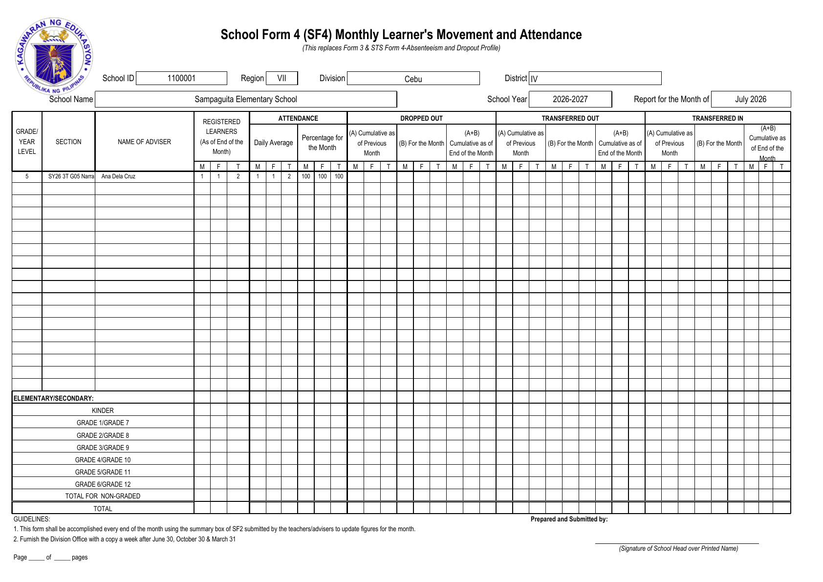 Generated SF4 Monthly Learner Movement and Attendance preview showing the selected class, registered learner counts, daily averages, attendance percentage, and movement columns.