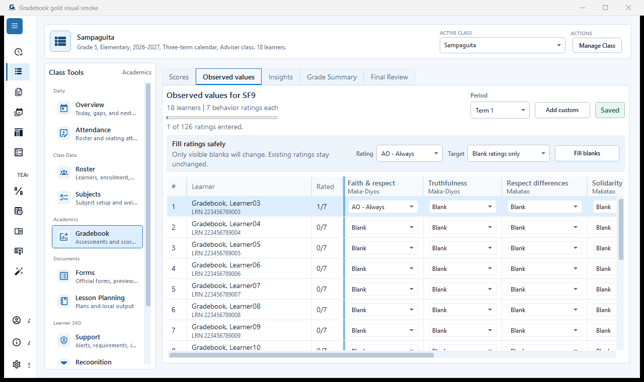 Gradebook Observed values tab showing qualitative evidence controls and learner rows for the fictional class.