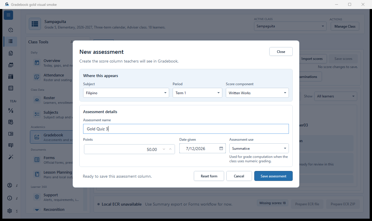 Numeric Gradebook for a Grade 5 class with assessment, score-entry, and summary controls.