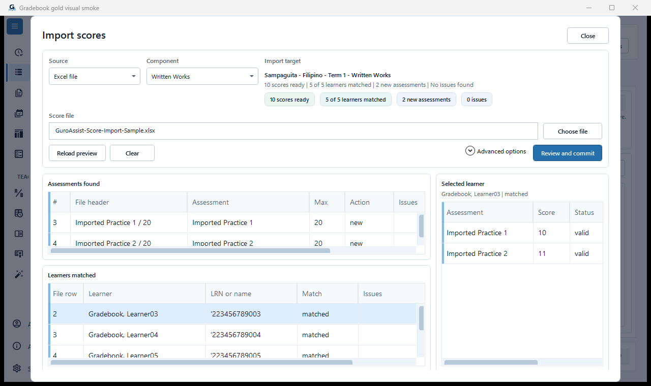 Score import preview with learner matches, proposed scores, and validation results.