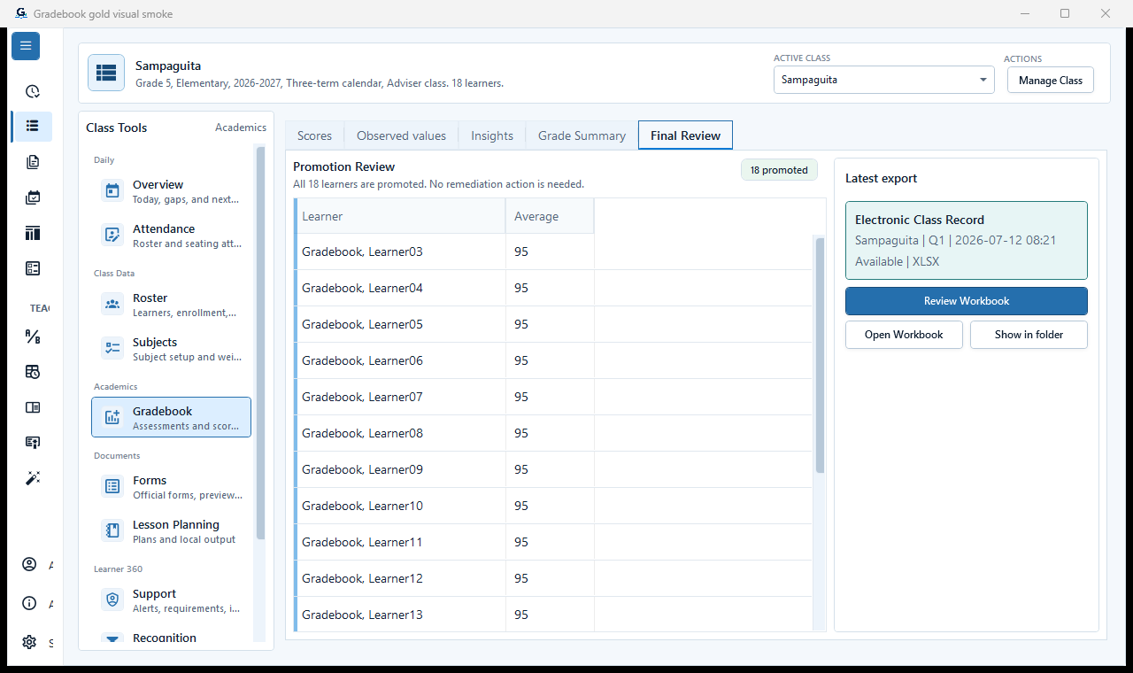 Grade summary with term status, computed grades, and finalization controls.