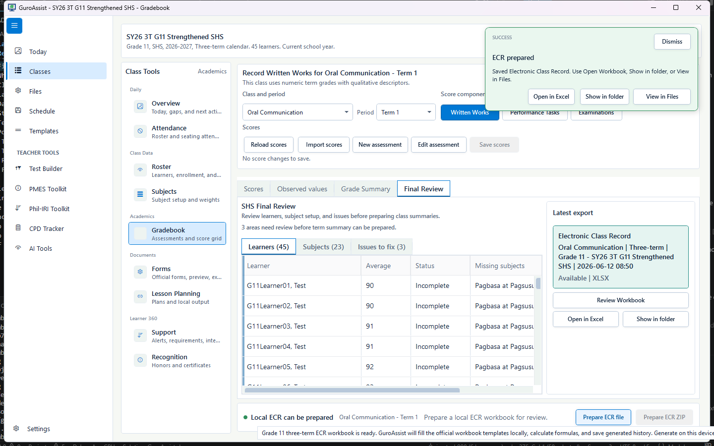Gradebook Final Review showing an ECR prepared success message, latest Electronic Class Record, and Open in Excel, Show in folder, and View in Files actions.