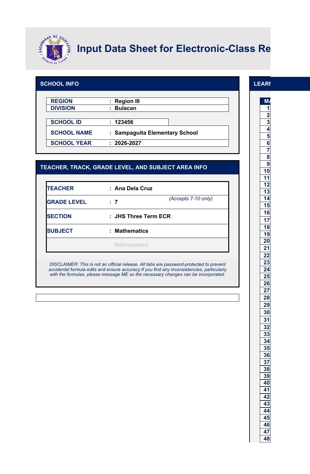 Rendered INPUT DATA sheet from an actual generated ECR workbook with fictional school, teacher, class, and learner information.