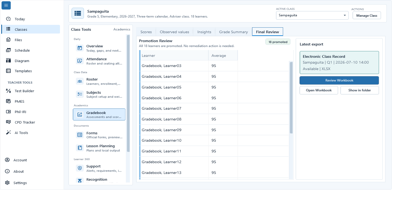 Gradebook Final Review showing the selected class, Grade Summary readiness, latest Electronic Class Record export, and Review Workbook action.