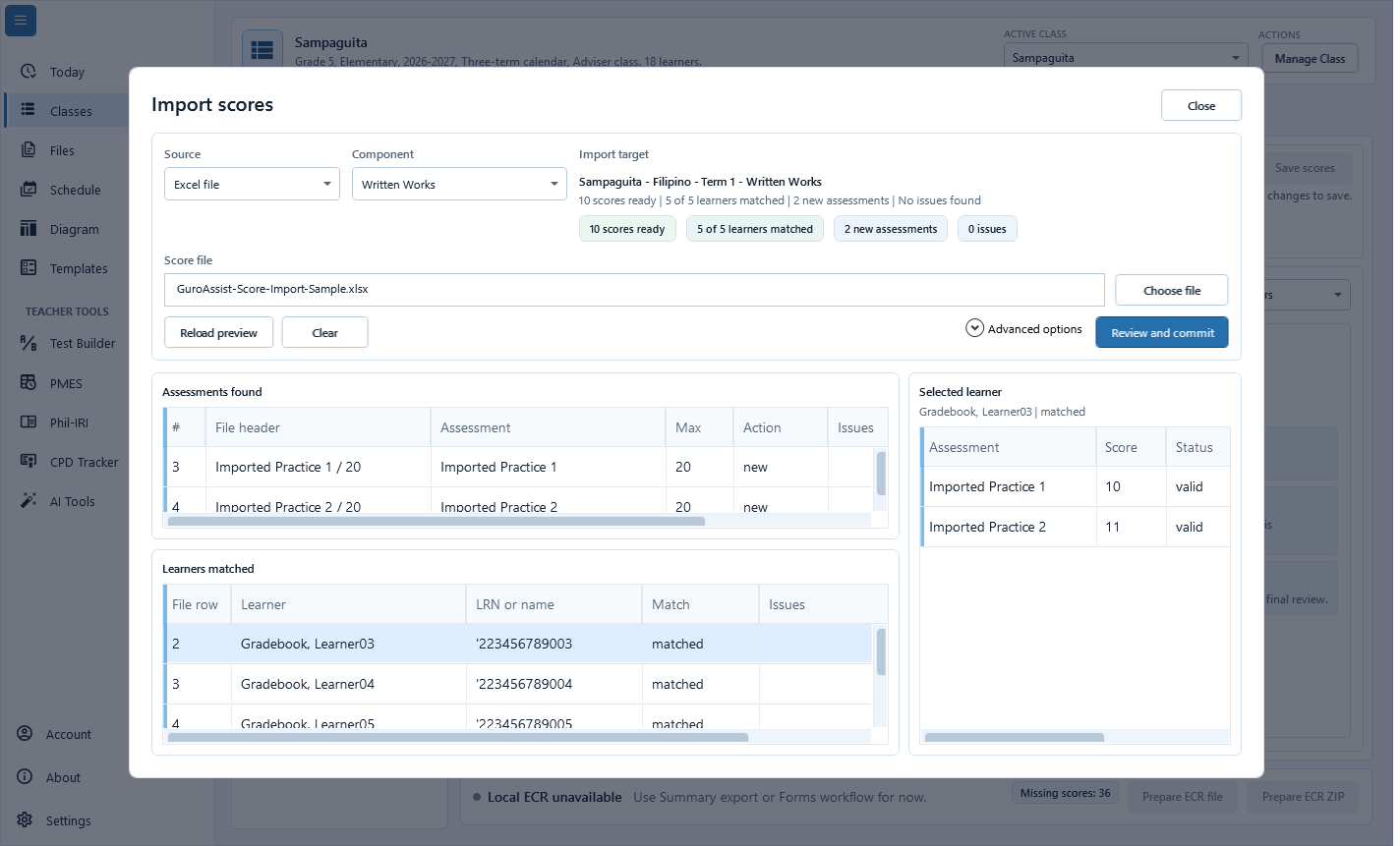 Gradebook score import preview showing the selected class target, matched learners, new assessments, ready scores, and zero issues before commit.