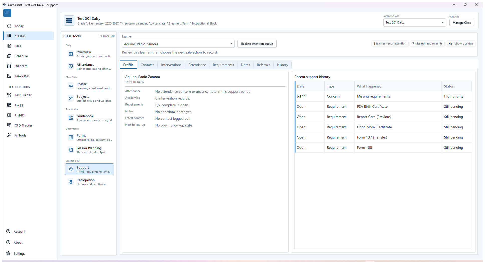 Full Learner Support workspace with active-class header, selected learner, profile, tabs, and recent history.