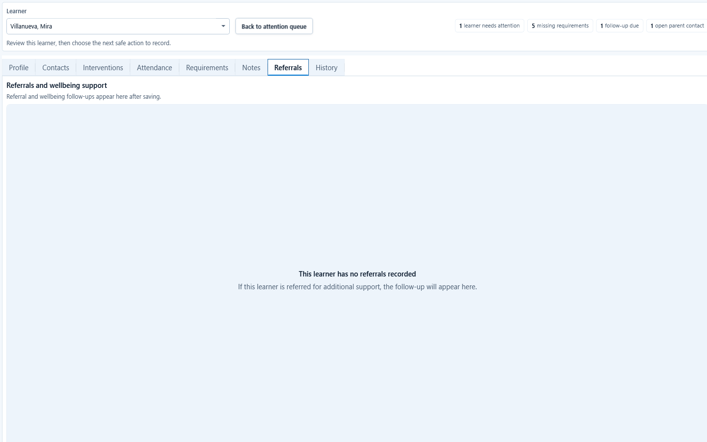Learner Support Referrals tab with selected-learner follow-up records and status details.