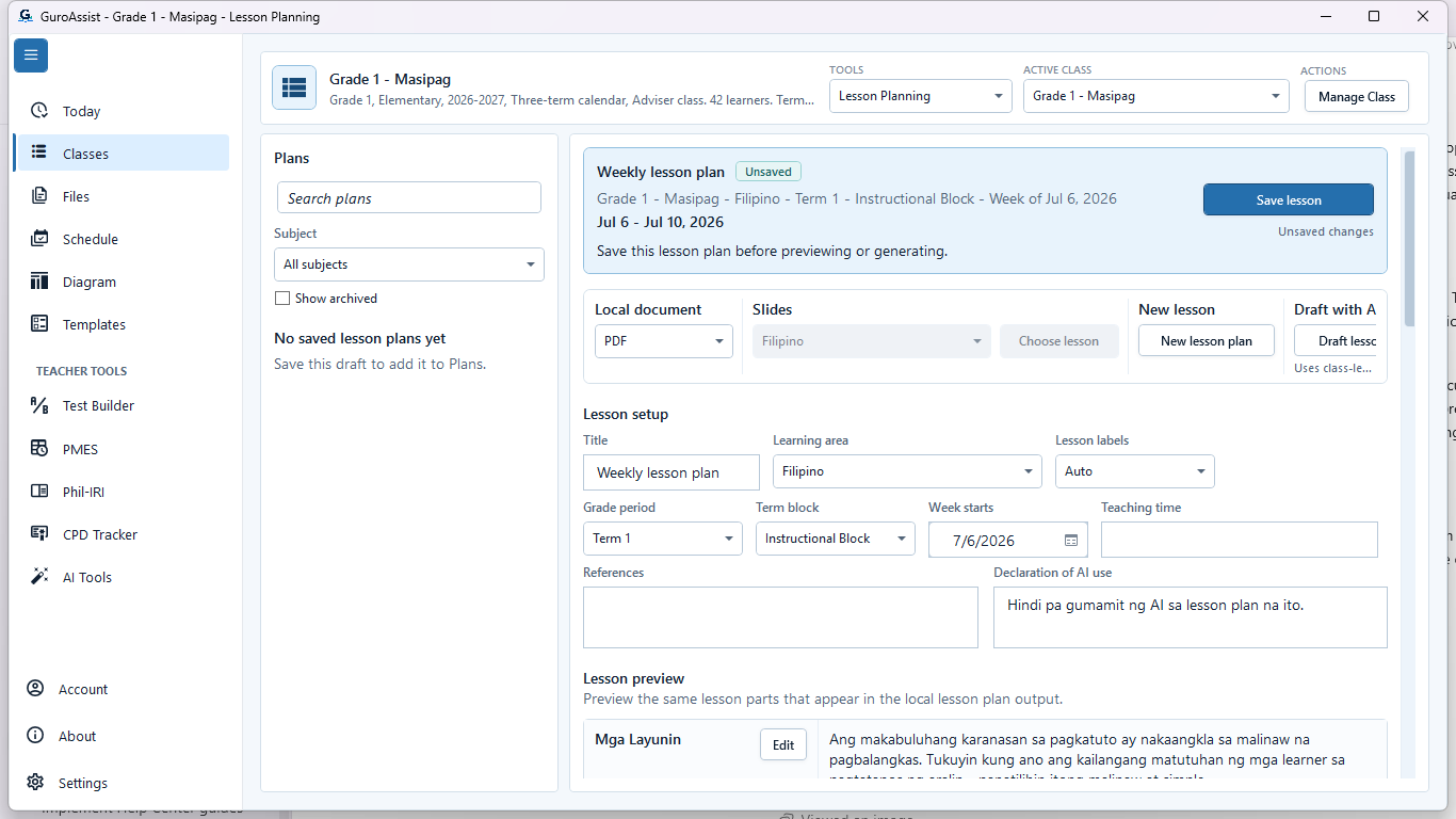 New weekly lesson-plan editor with class, subject, week, and content fields.