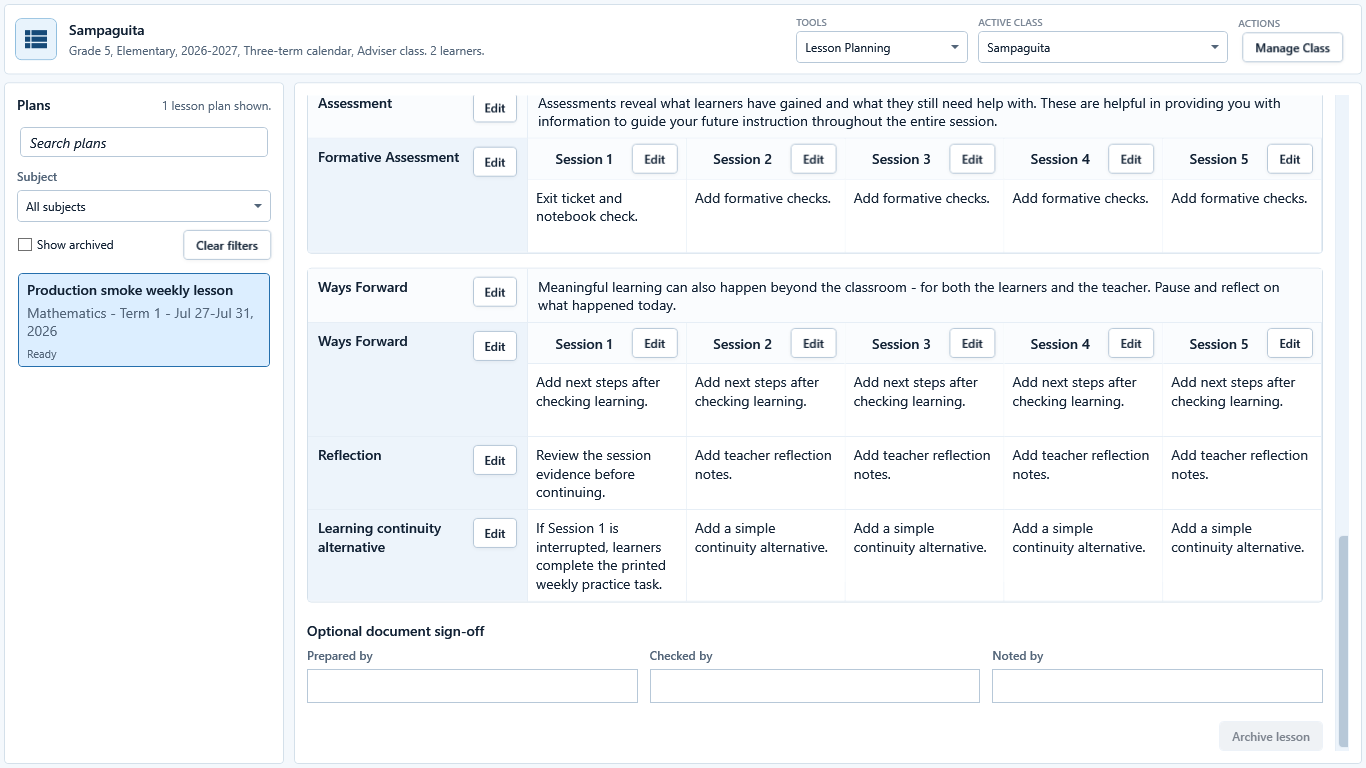 Weekly lesson plan populated with teacher-reviewed content and readiness information.