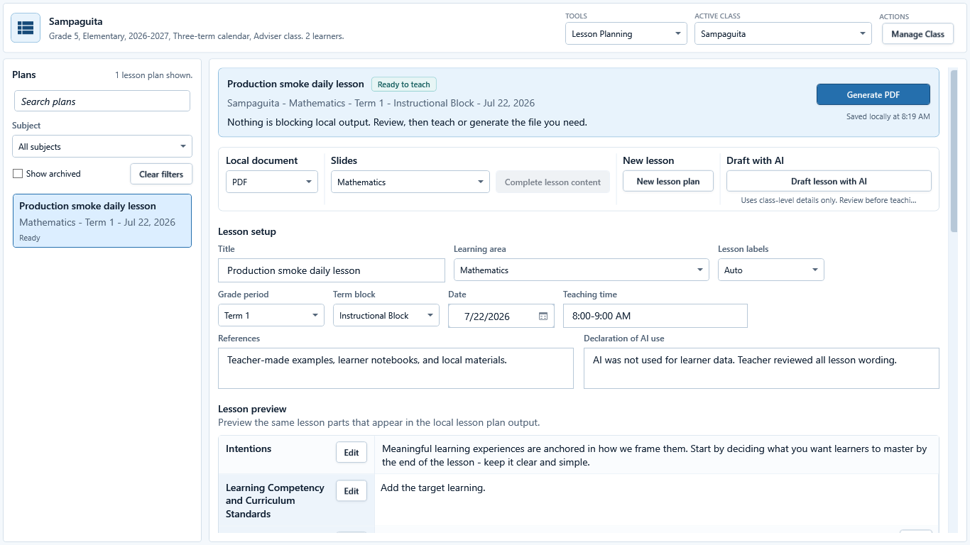 Daily lesson plan editor with the selected session and authored classroom content.