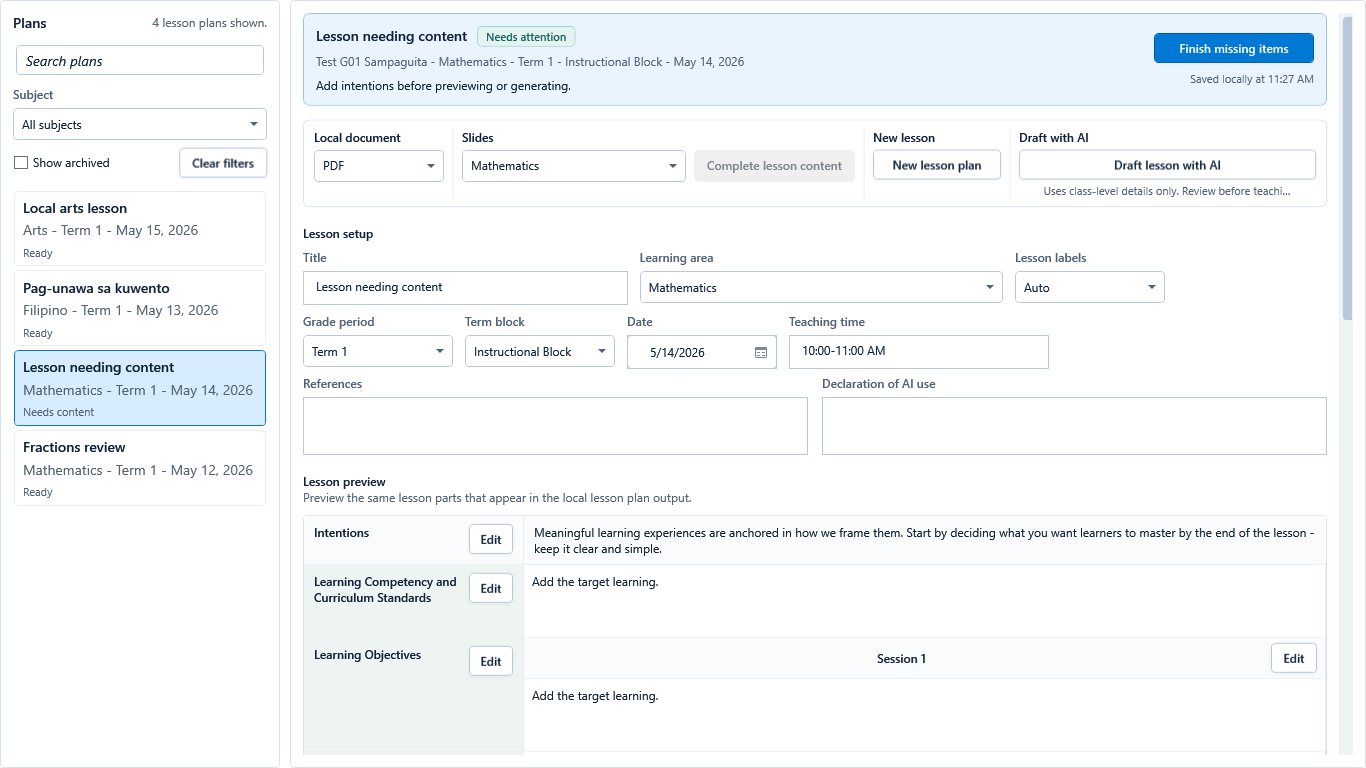 Lesson plan with a blocked readiness panel identifying missing requirements.