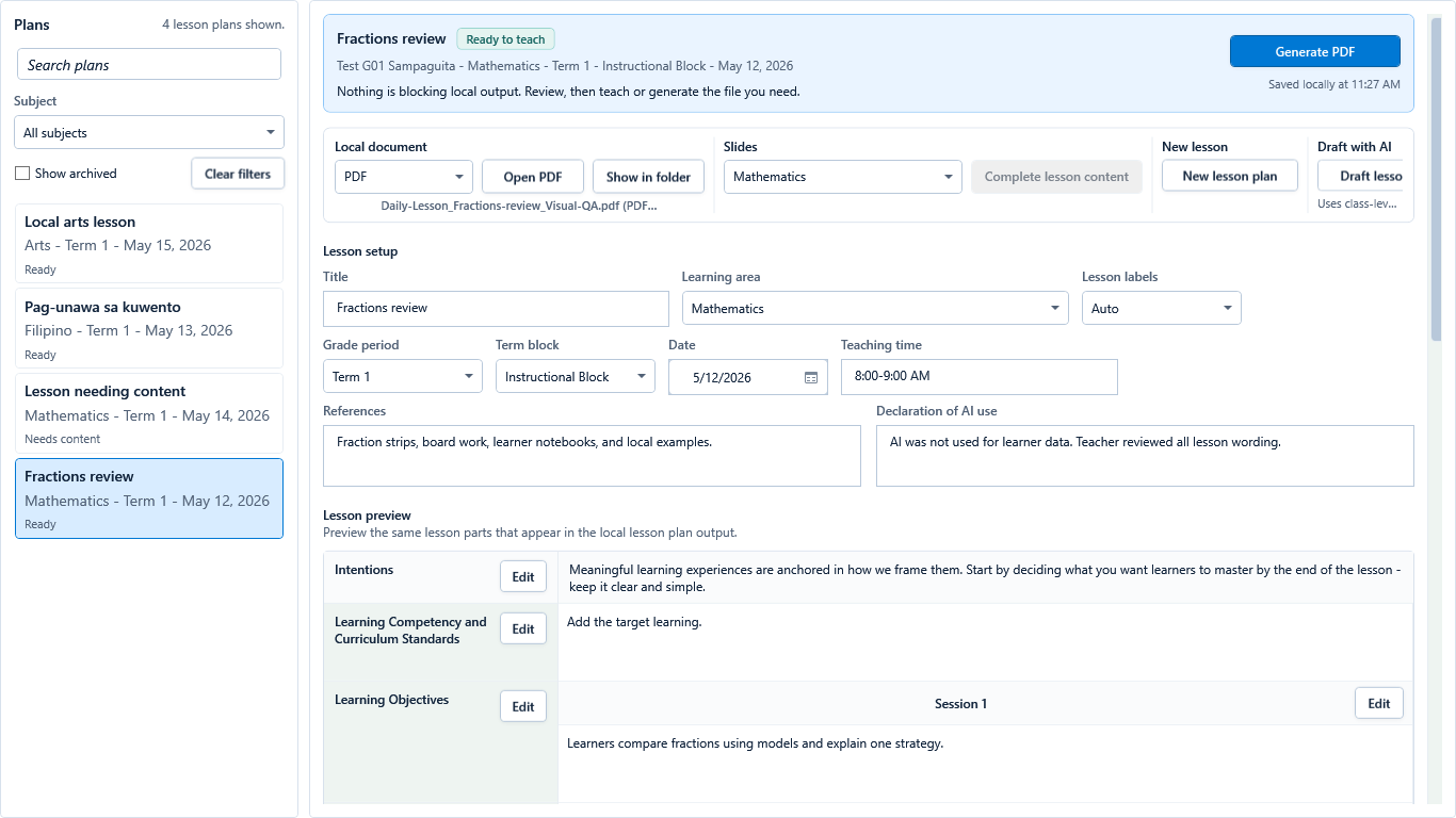 Ready lesson plan with generated-output actions and a local output available state.