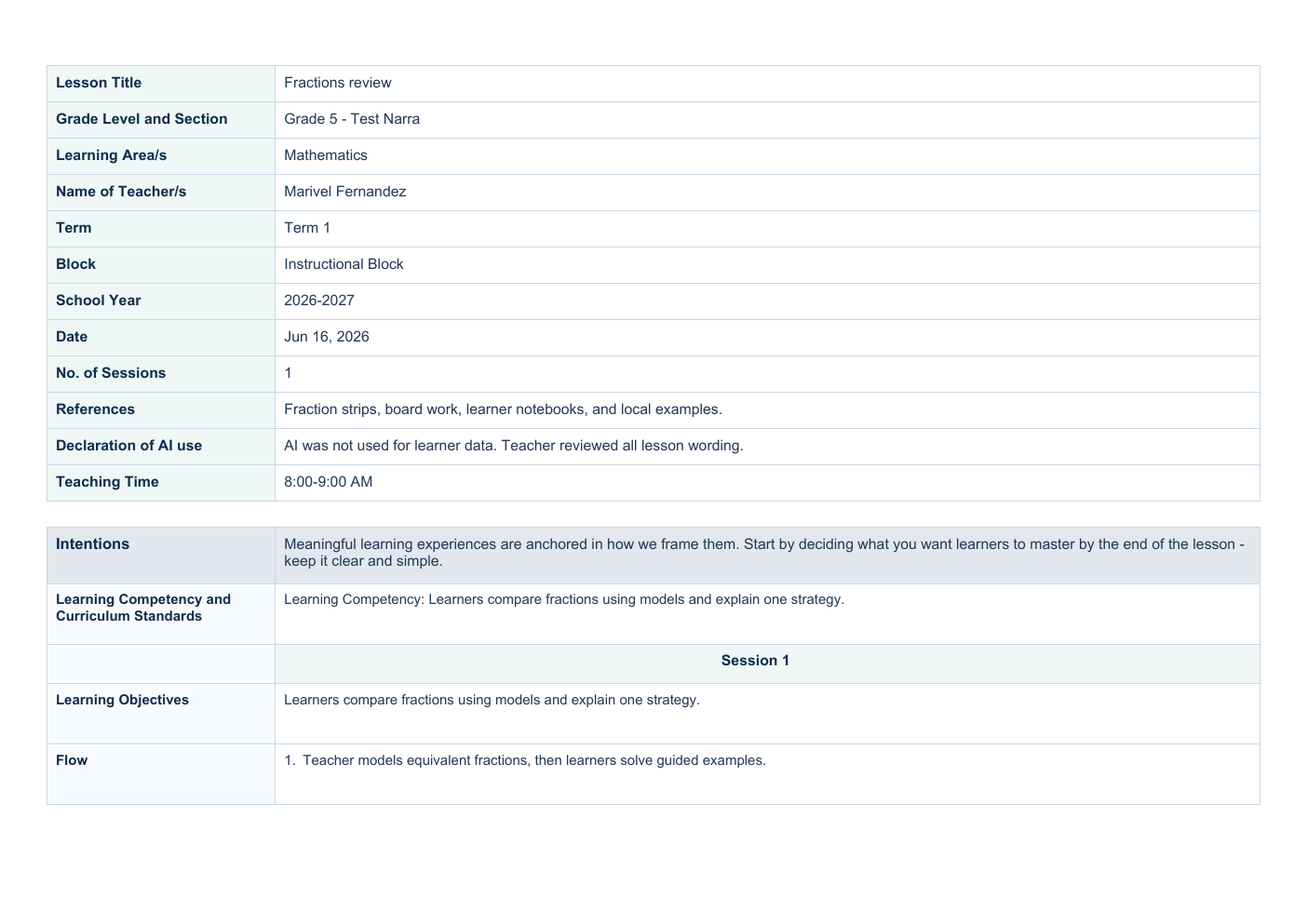 Rendered first page of the actual generated weekly lesson-plan PDF using fictional class content.