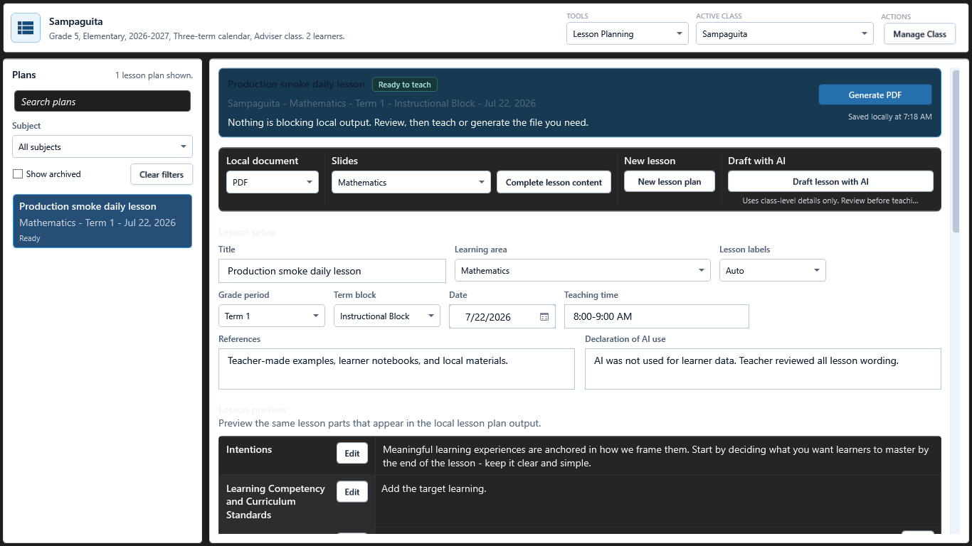 Lesson Planning Daily workspace for one class session with teacher-owned lesson details.