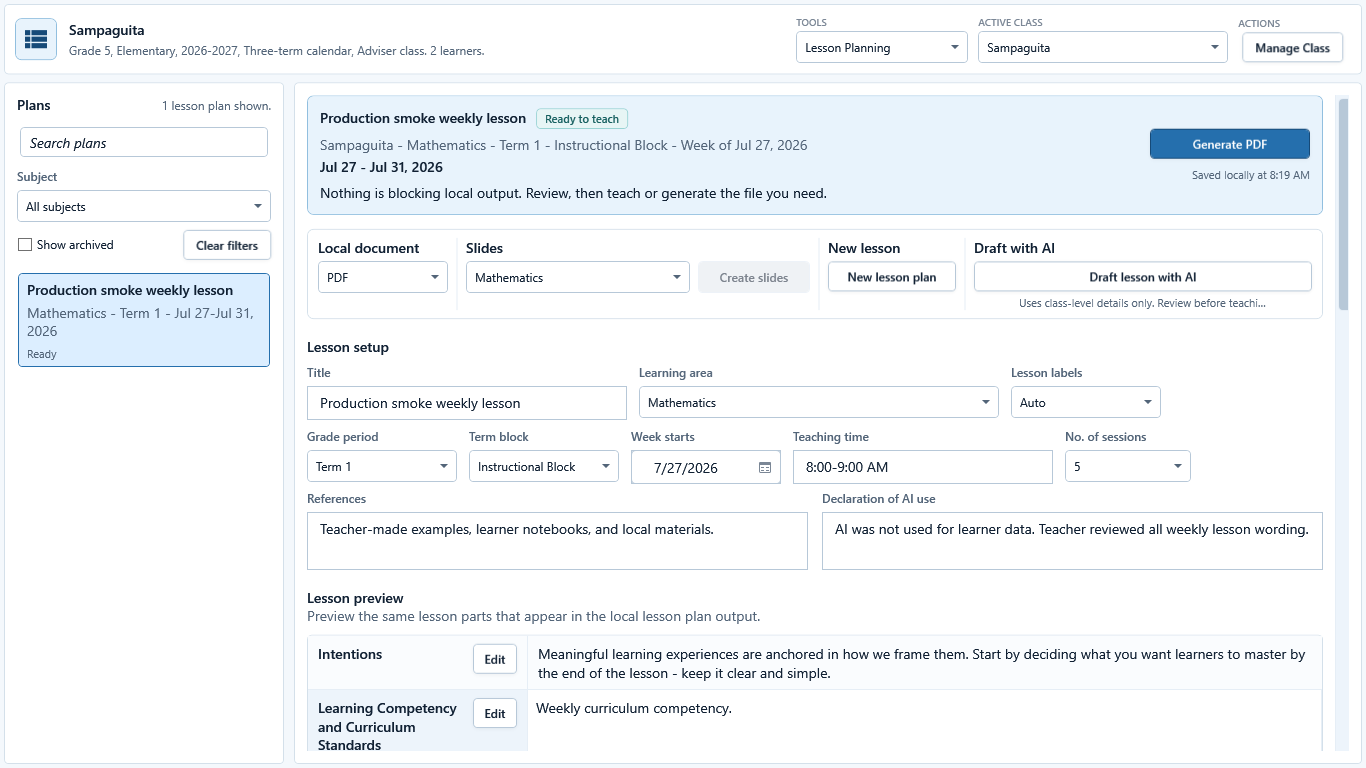 Lesson Planning workspace with a selected plan and its PDF, DOCX, and Slides actions.