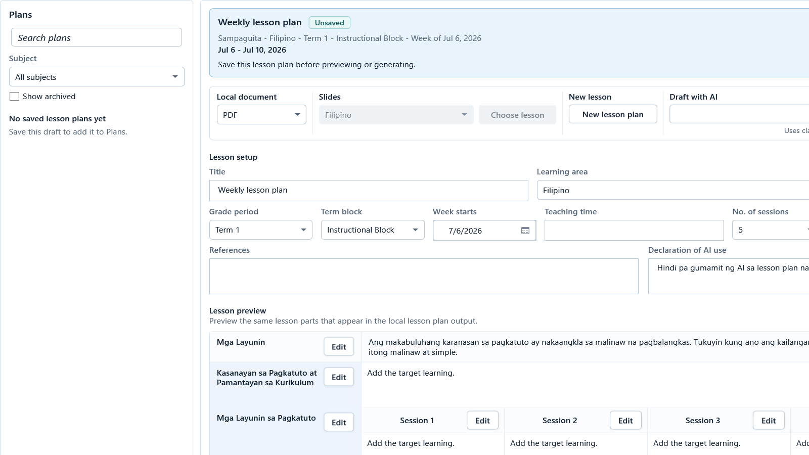 Unsaved weekly lesson plan showing Save this lesson plan before previewing or generating and disabled Slides controls.