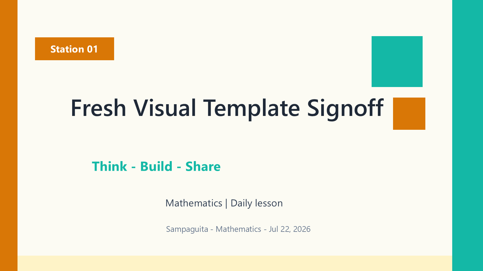 Rendered first slide of a generated weekly lesson deck with title, grade, class, and subject.