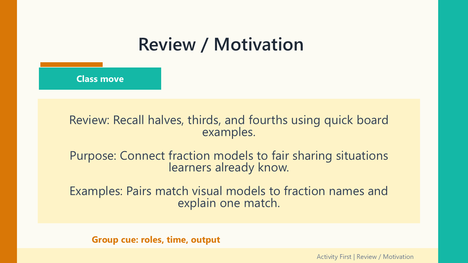 Rendered Review and Motivation slide with a class-move activity, purpose, examples, and group cue visible.