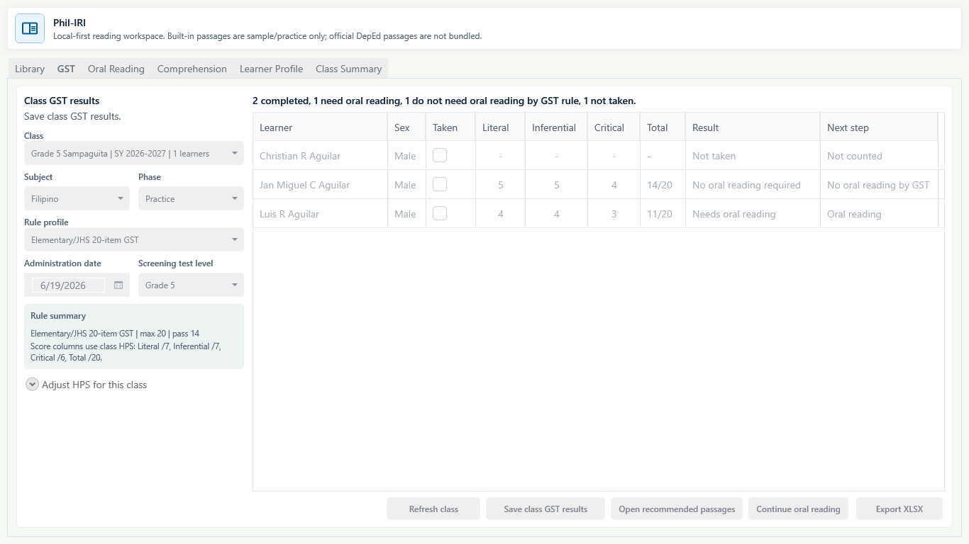 Phil-IRI GST tab showing class setup, score columns, result labels, Save class GST results, and Continue oral reading.