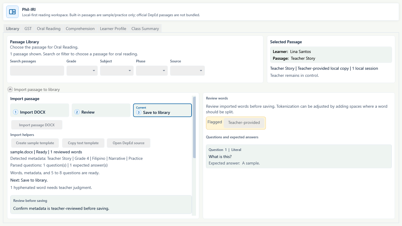 Isolated Phil-IRI Library showing fictional selected learner and passage plus the Import DOCX, Review, and Save to library workflow.