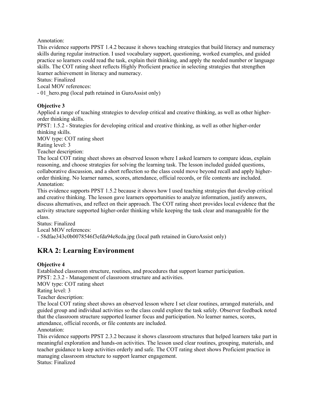 Rendered page 2 of an actual generated PMES PDF review draft showing objectives, teacher descriptions, annotations, statuses, and local evidence references.