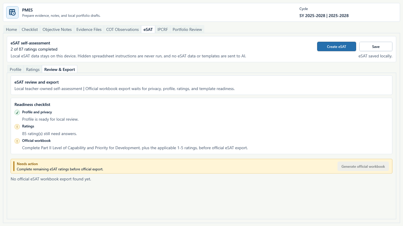 PMES eSAT review and export screen showing saved ratings and official workbook readiness.