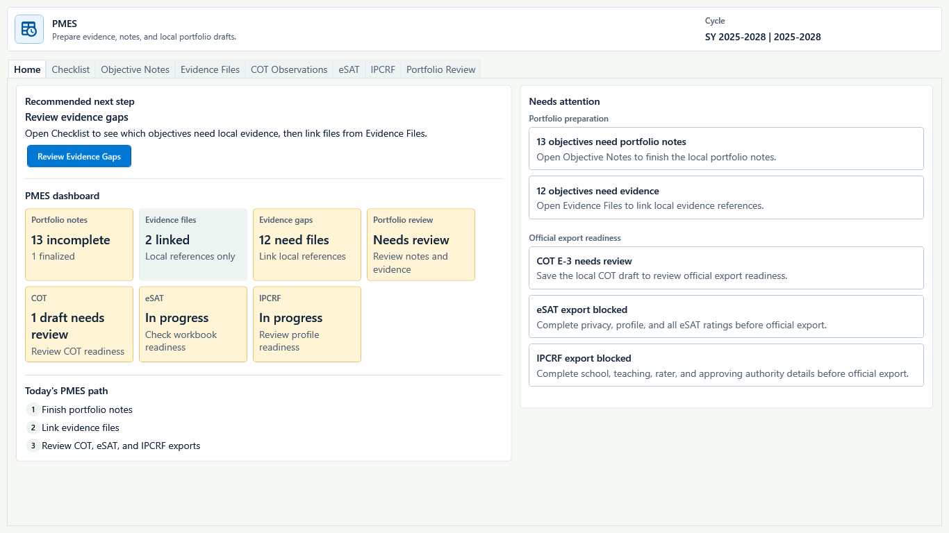 PMES Home showing a fictional local workspace with linked evidence, one finalized note, and remaining readiness gaps.