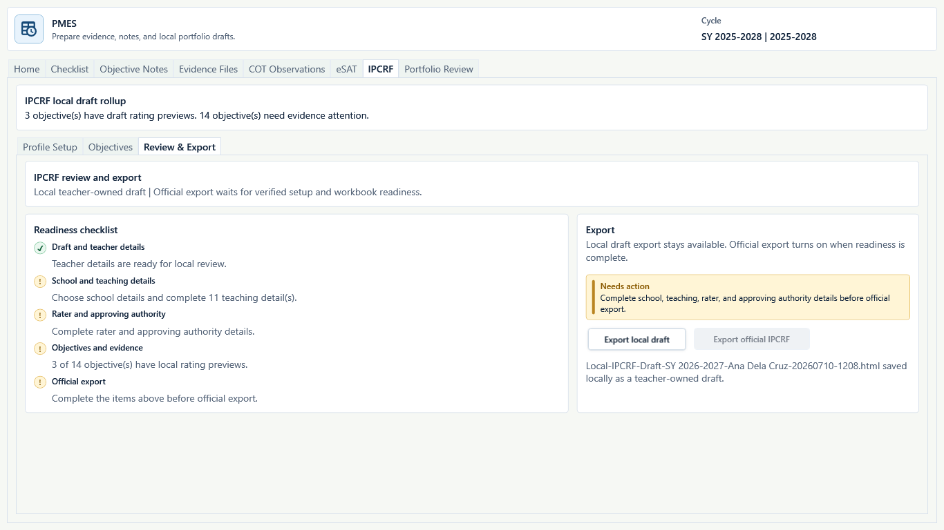 PMES IPCRF review and export screen distinguishing local draft and verified official workbook actions.
