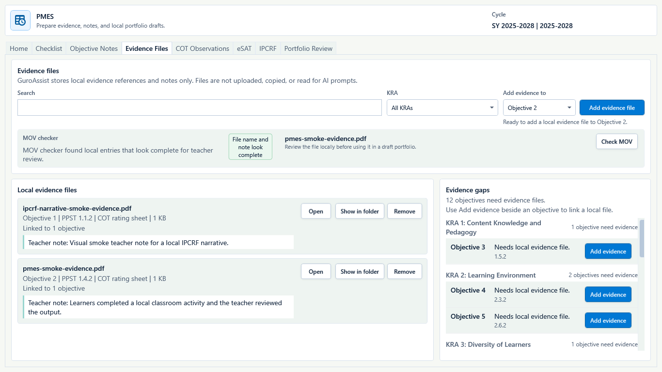 PMES Evidence Files showing linked local PDF evidence, teacher notes, Open, Show in folder, and remaining evidence gaps.