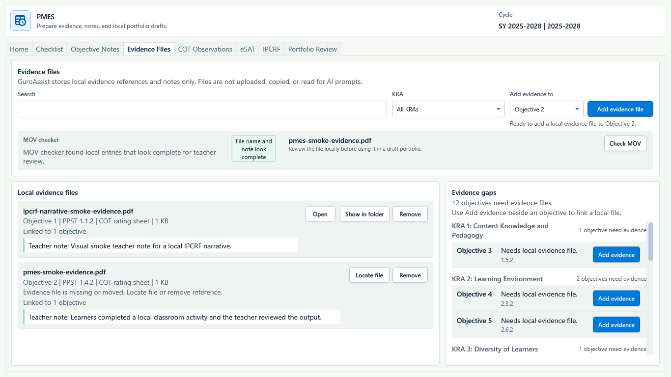 PMES Evidence Files showing a missing or moved local evidence warning with Locate file and Remove actions.