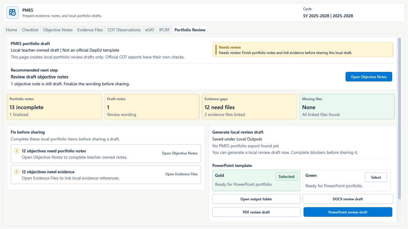 PMES Portfolio Review showing local draft status, notes and evidence gaps, Fix before sharing, and draft format buttons.