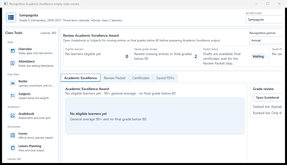 Recognition Academic Excellence screen for a fictional Grade 5 class in school year 2026-2027 with no eligible learners and grade-review blockers.
