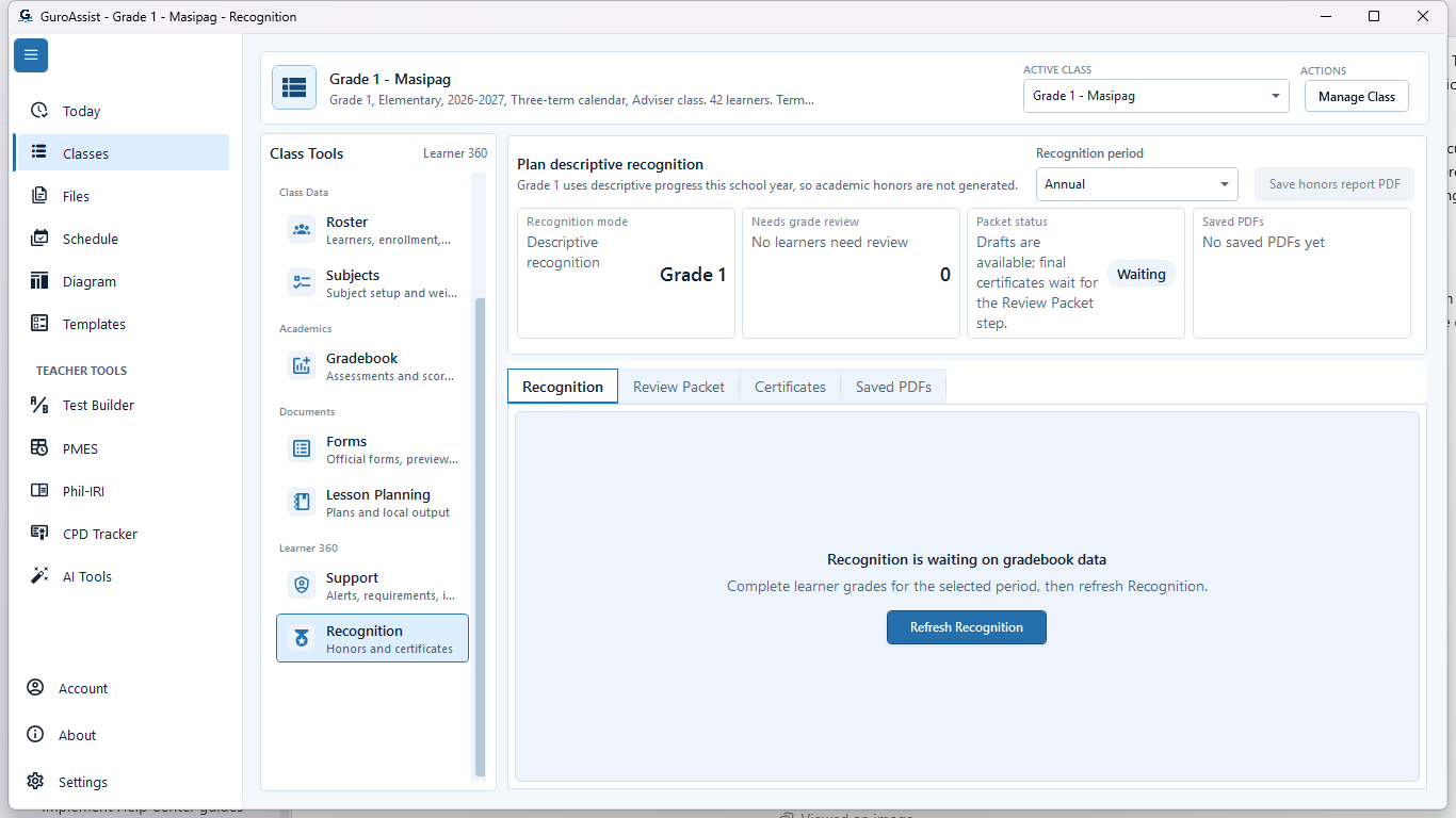 Recognition workspace showing grade-readiness issues and the path back to Gradebook for correction.