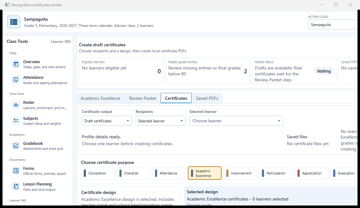 Recognition Certificates tab showing certificate stage, recipient controls, purposes, design, and readiness blockers.