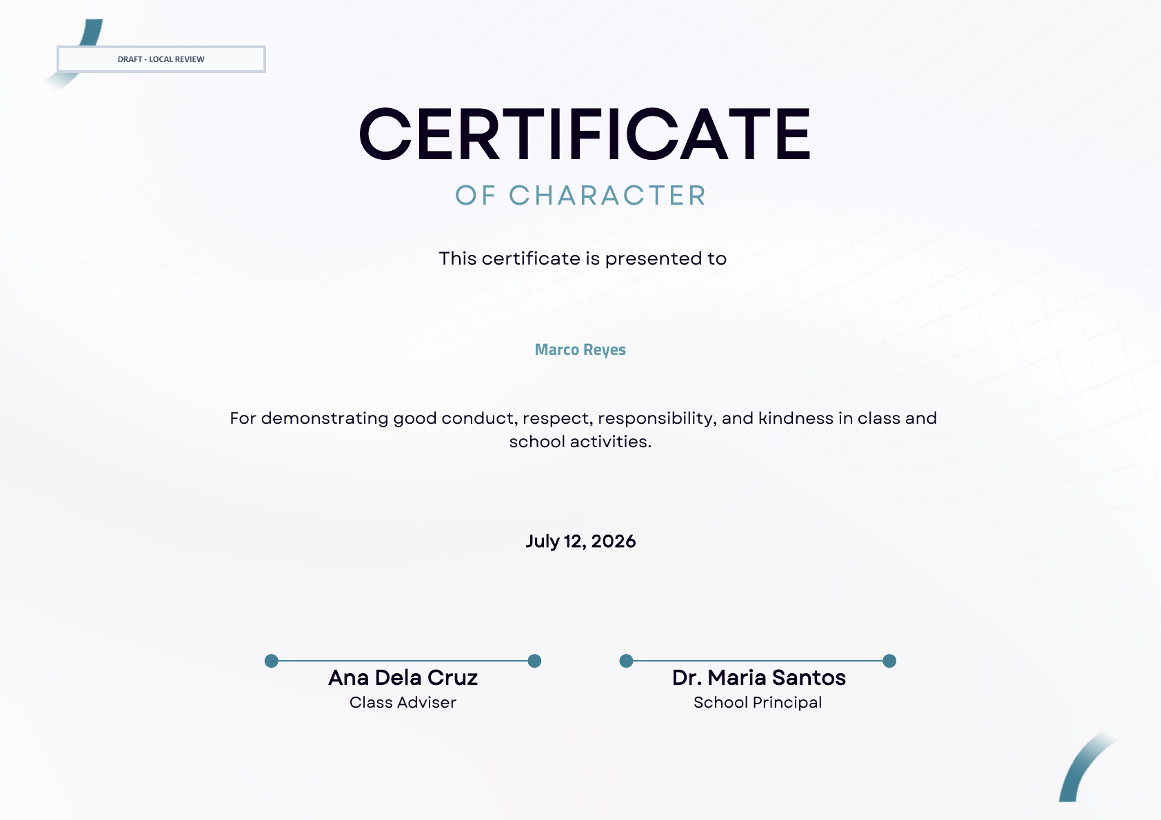 Rendered actual Character certificate PDF for fictional learner Marco Reyes with DRAFT - LOCAL REVIEW visible.