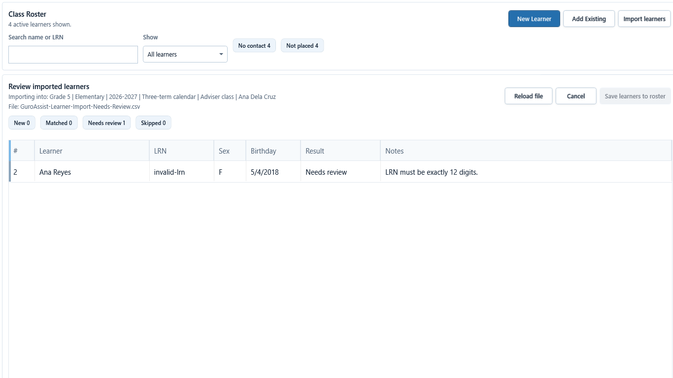 Current Review imported learners state with one fictional row marked Needs review, an invalid LRN note, and Save learners to roster blocked.
