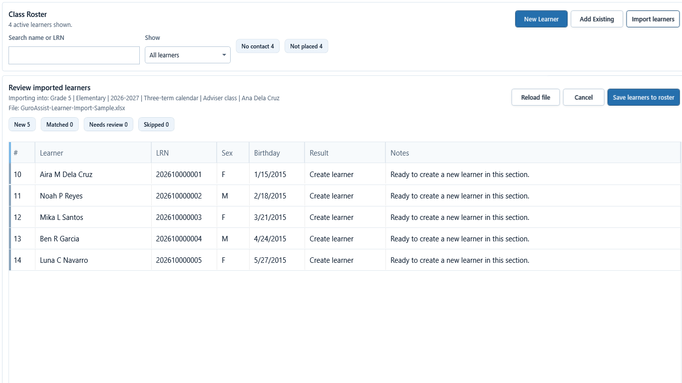 Roster import preview with New, Matched, Needs review, and Skipped counts plus row-level results.