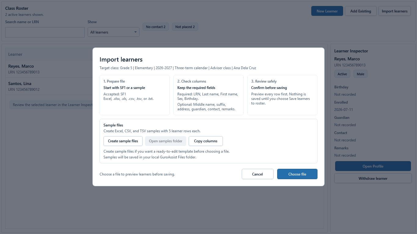 Current Import learners start dialog with supported sources, required columns, review stages, and Choose file.