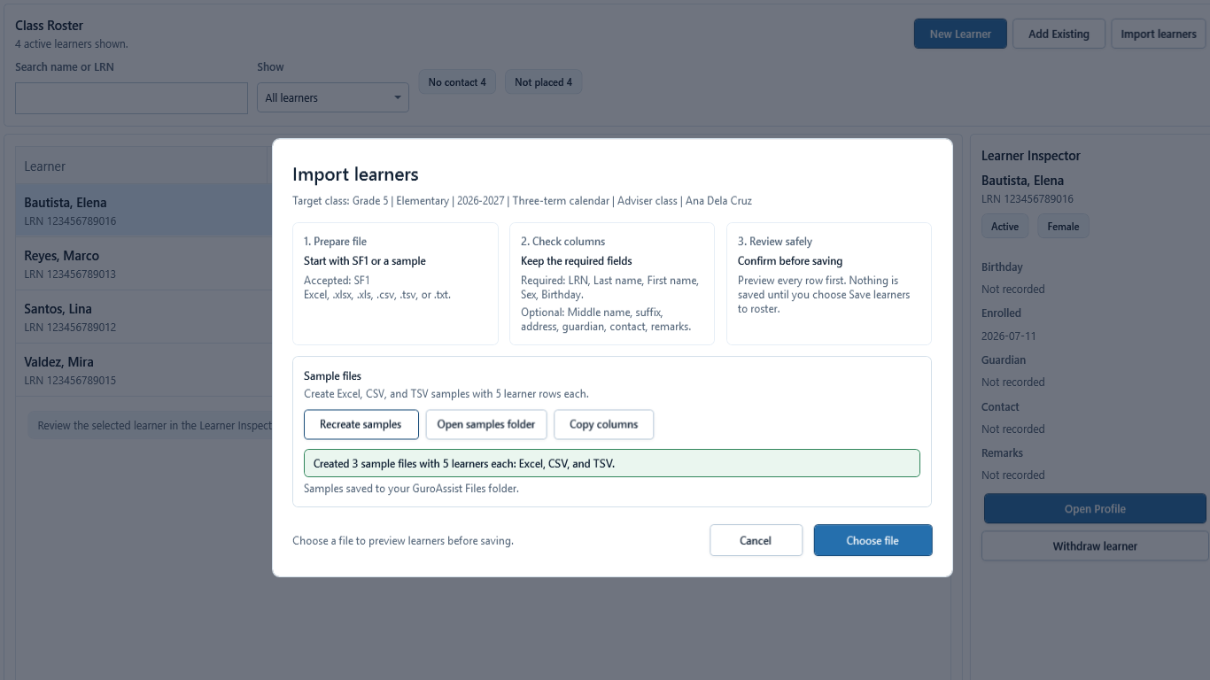 Import learners dialog confirming sample files were created locally.