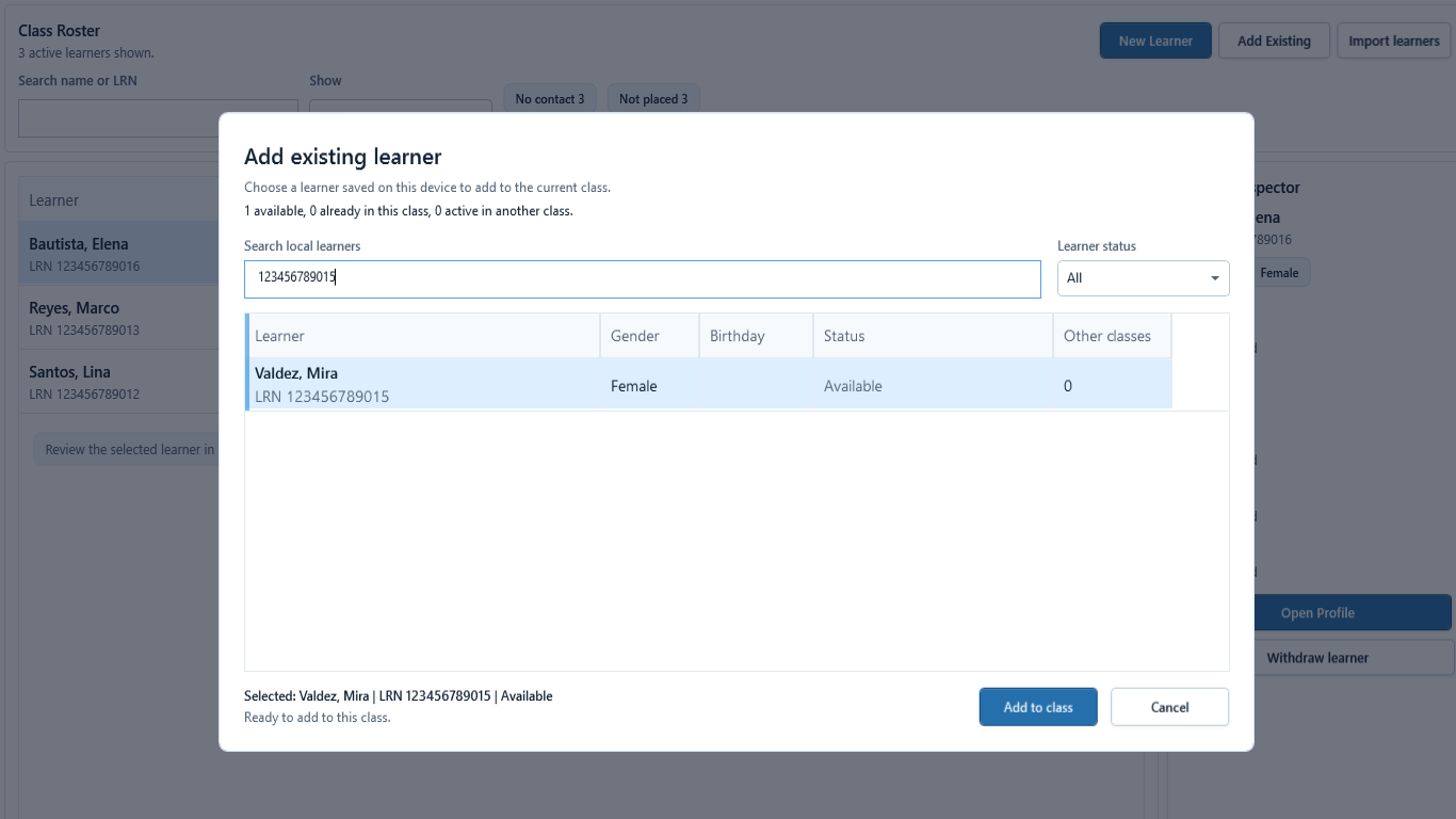 Add existing learner dialog with search, identity, placement state, Add to class, and Cancel.