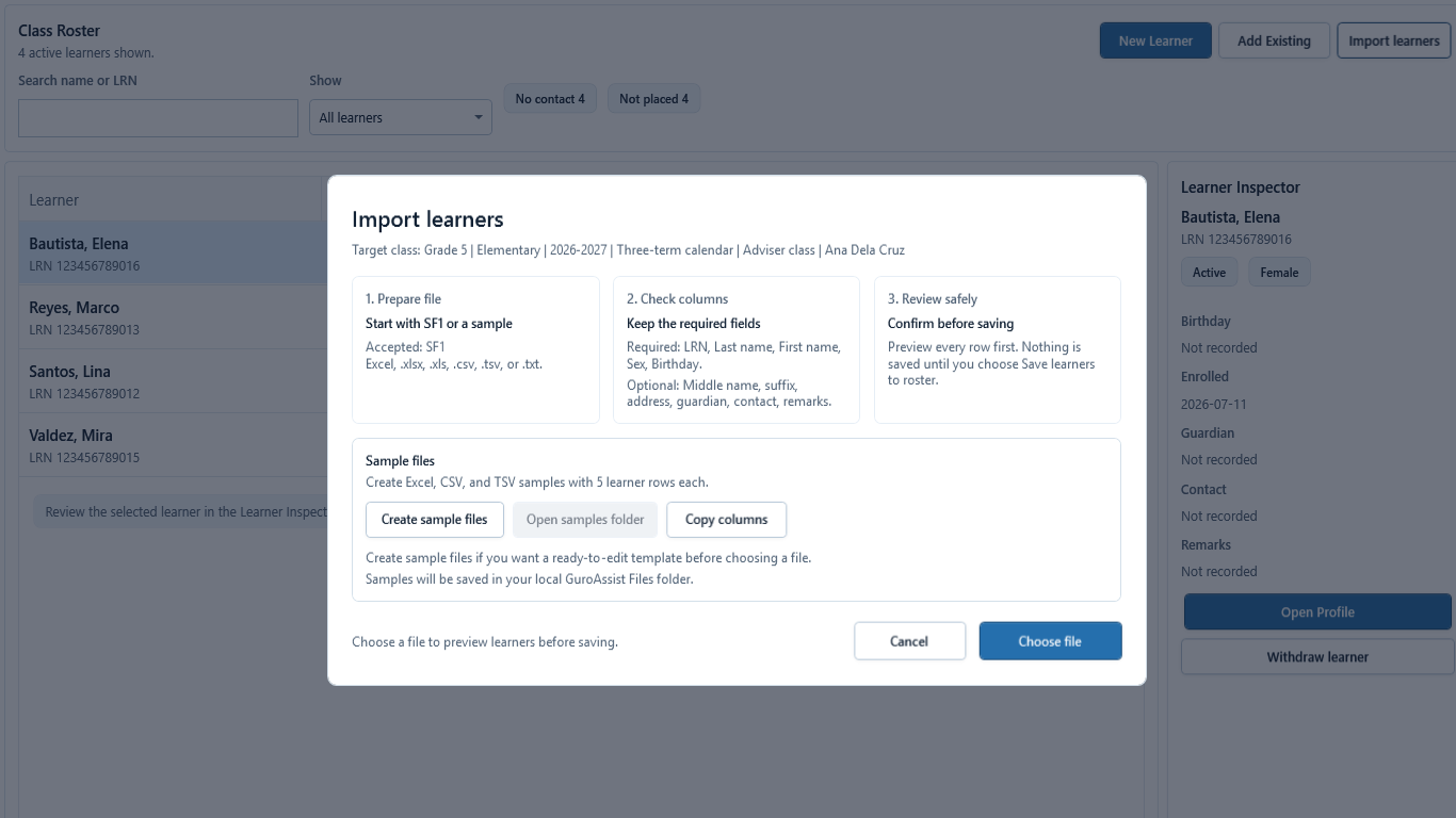 Import learners start dialog with required columns, review stages, Create sample files, and Choose file.