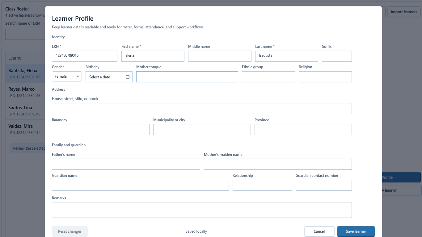 Learner Profile dialog with identity fields, validation area, Save learner, Reset changes, and Cancel.