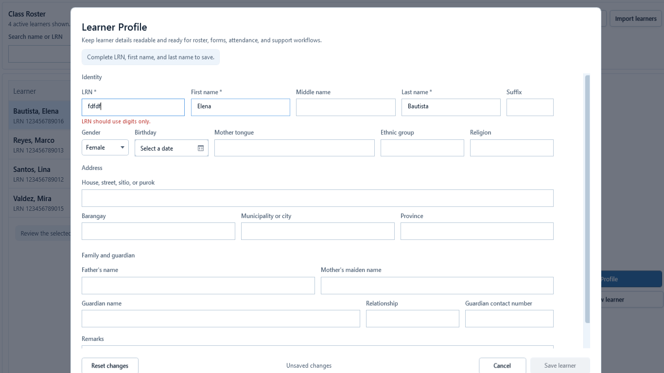 Learner Profile opened from the roster with an invalid LRN message, Unsaved changes, and the save action blocked.
