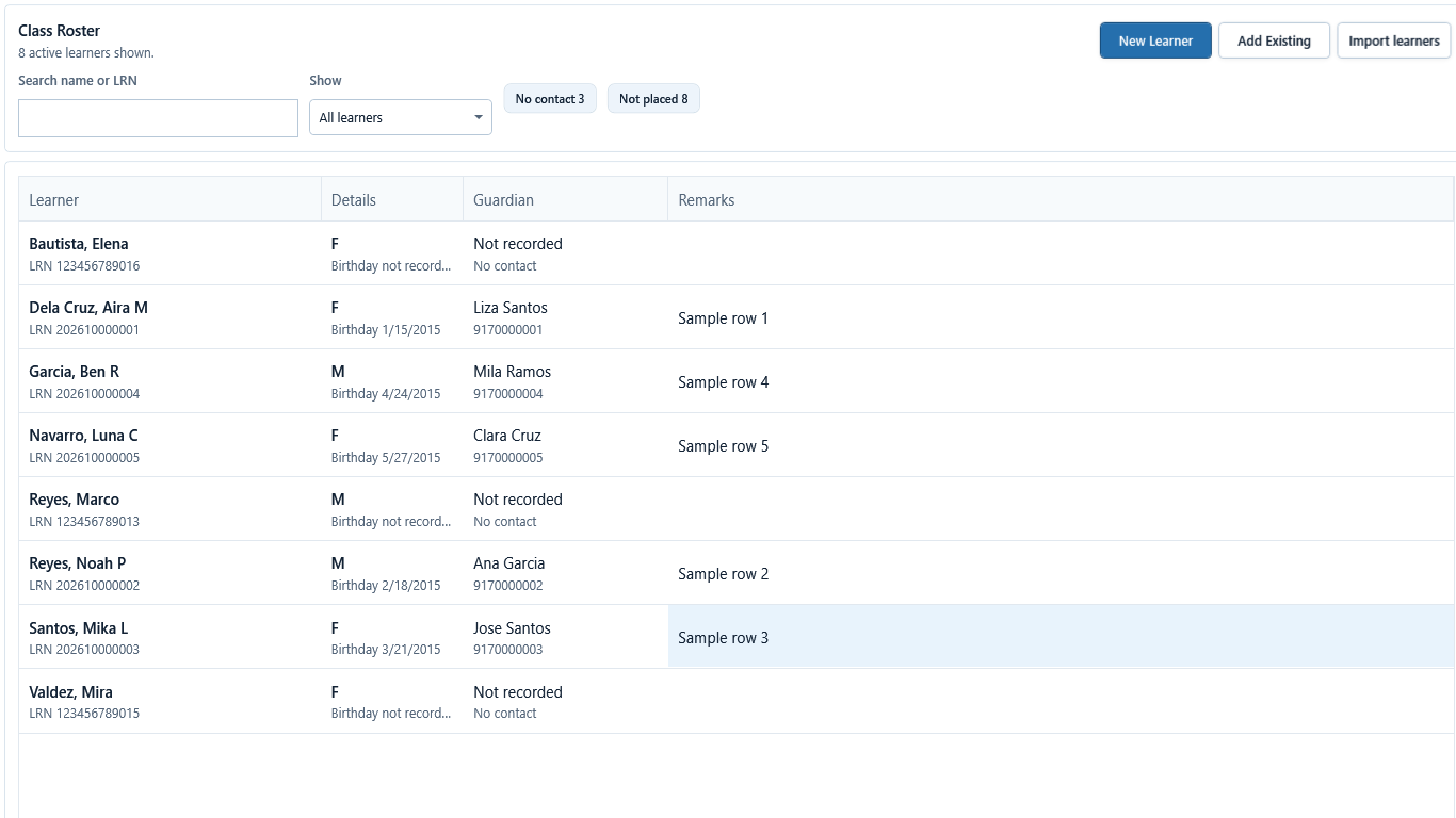 Current roster list after fictional learner actions, showing eight active rows, filters, counts, and primary actions.