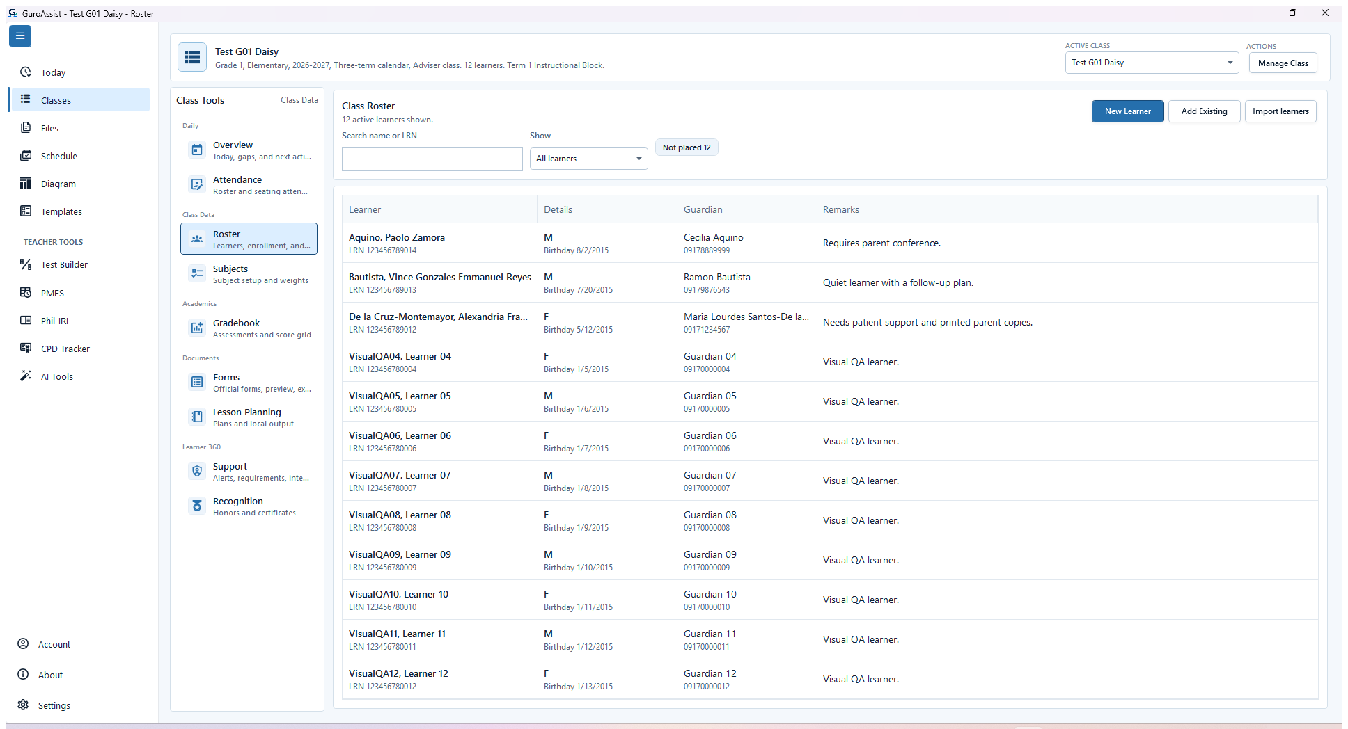 Full class Roster with active-class header, fictional learner rows, search, filters, counts, and primary actions.