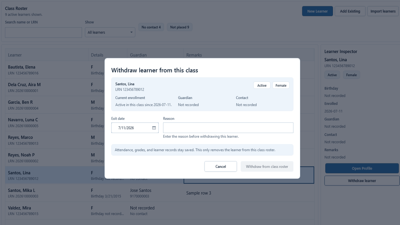 Withdraw learner from this class dialog with local scope, retained records, and disabled confirmation until a reason is entered.