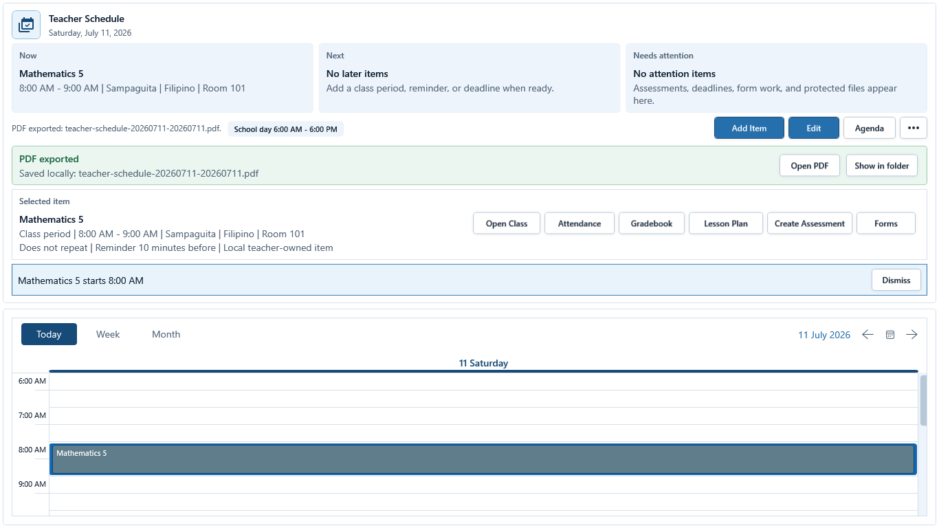 Teacher Schedule in Calendar Today mode with selected item, quick actions, and local PDF status.