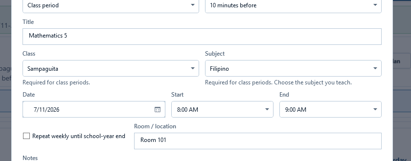Schedule editor area showing class, subject, date, start time, and end time.