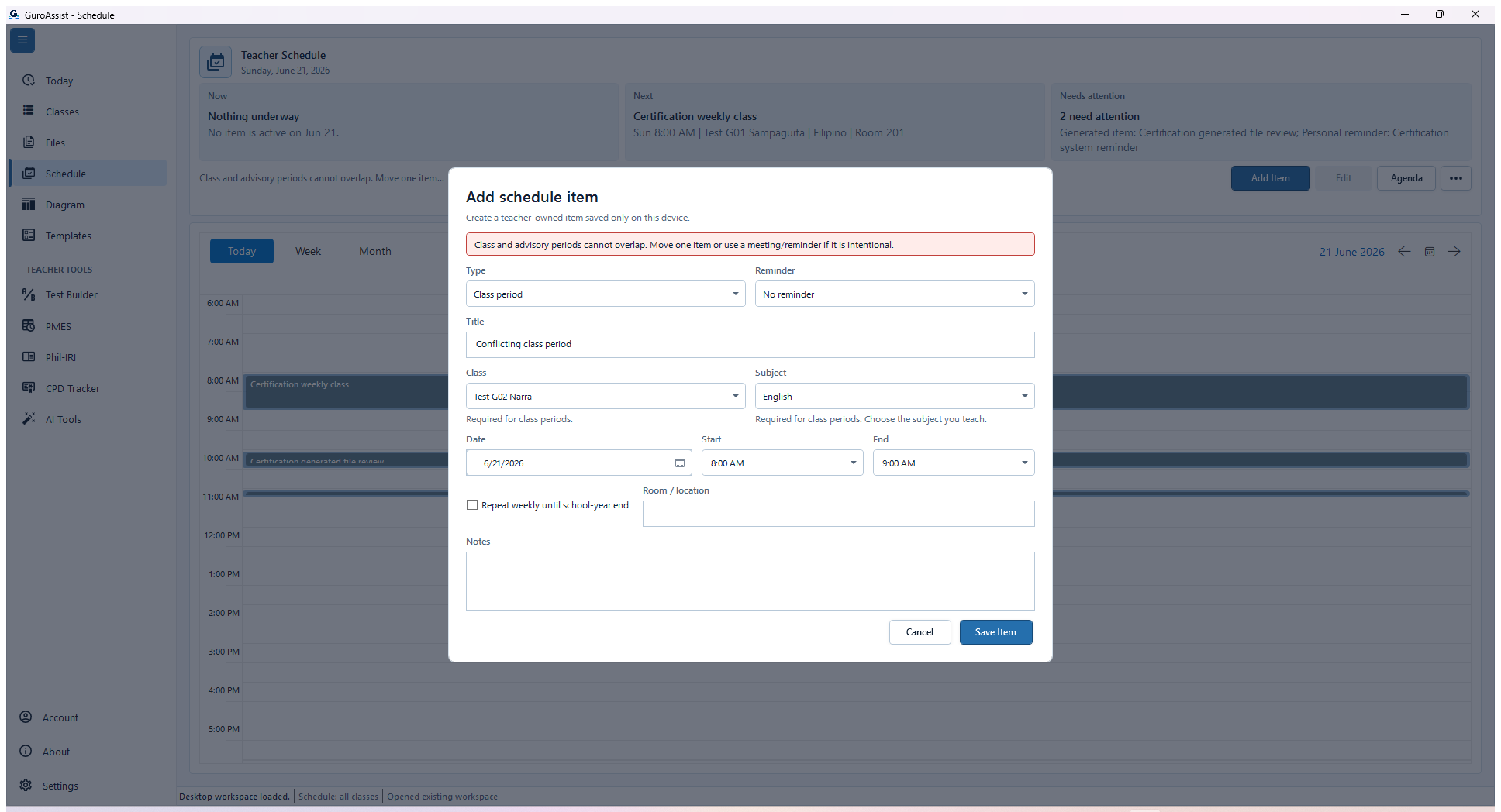 Current Add schedule item dialog showing a red overlap blocker for a fictional class period and the class, subject, date, start, and end controls to correct it.