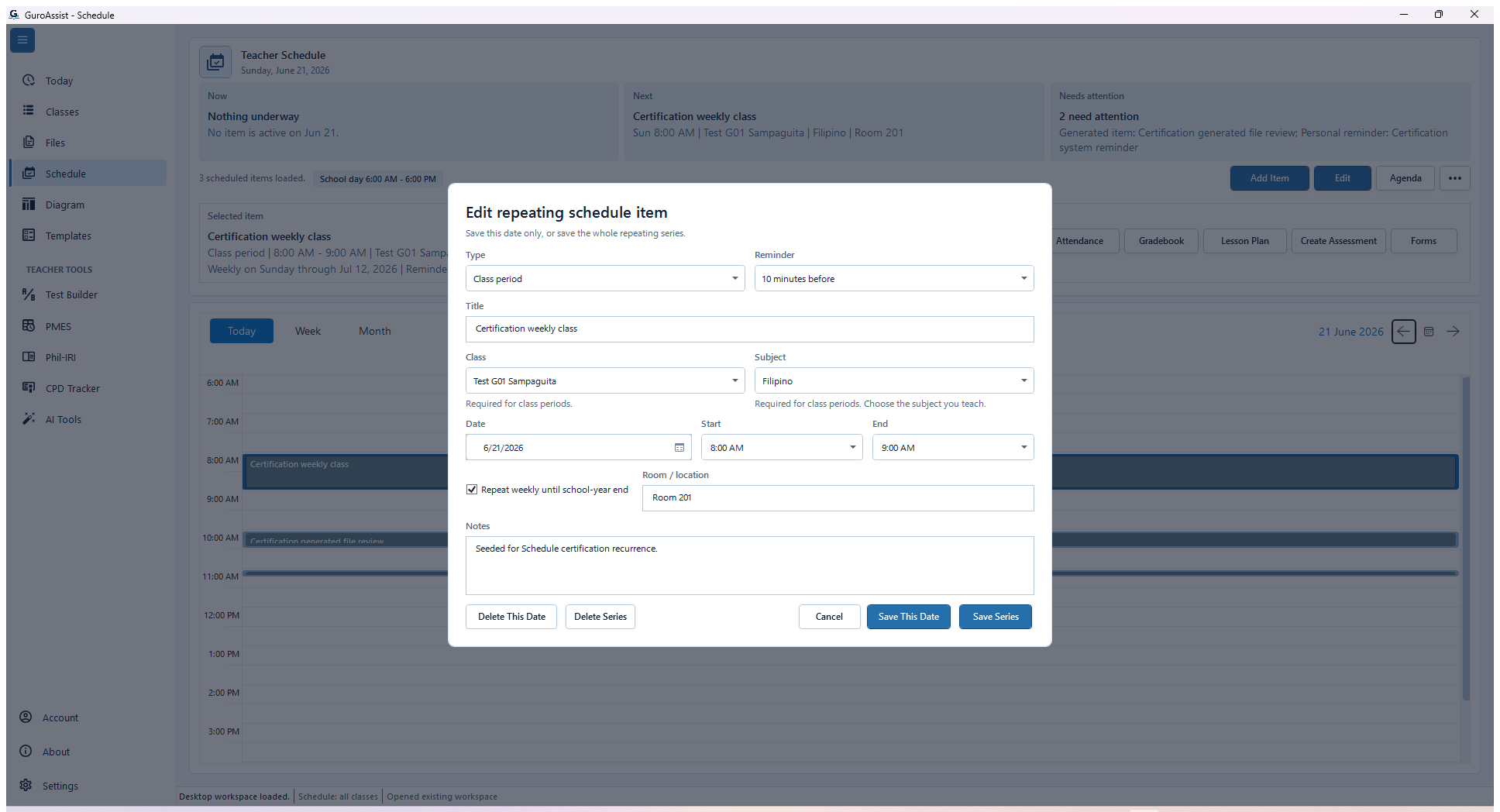 Current Edit repeating schedule item dialog with fictional class details and separate Delete This Date, Delete Series, Save This Date, and Save Series controls.